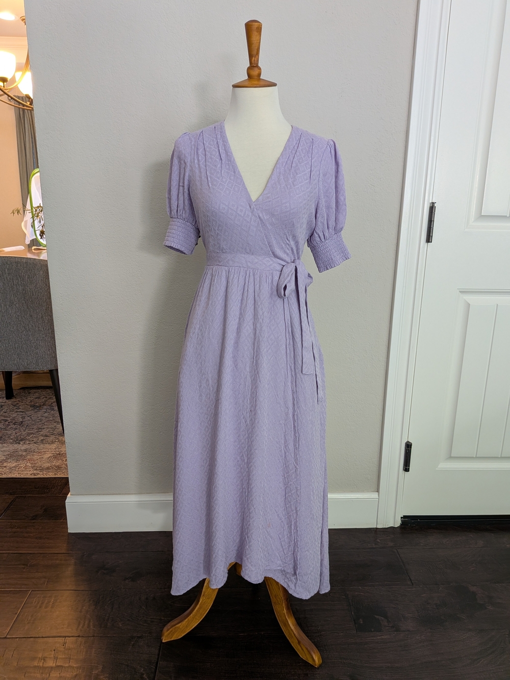 Anthropologie Maeve Lilac Wrap Midi Dress with Puff Sleeves